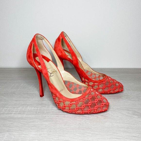Louboutin K-Racas Coral Fishnet Pumps - Picture 4 of 8